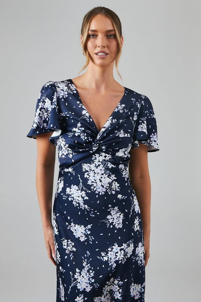Oasis Oasis Women's Midnight Bloom Printed Satin Twist Front Angel Sleeve Maxi Bridesmaid Dress in Navy - 2