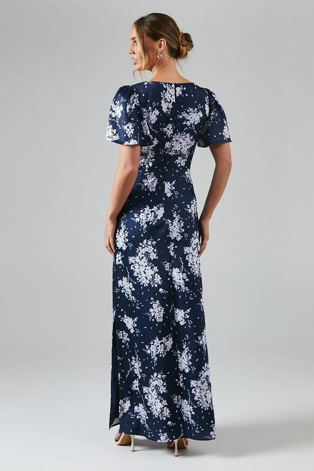 Oasis Oasis Women's Midnight Bloom Printed Satin Twist Front Angel Sleeve Maxi Bridesmaid Dress in Navy - 3