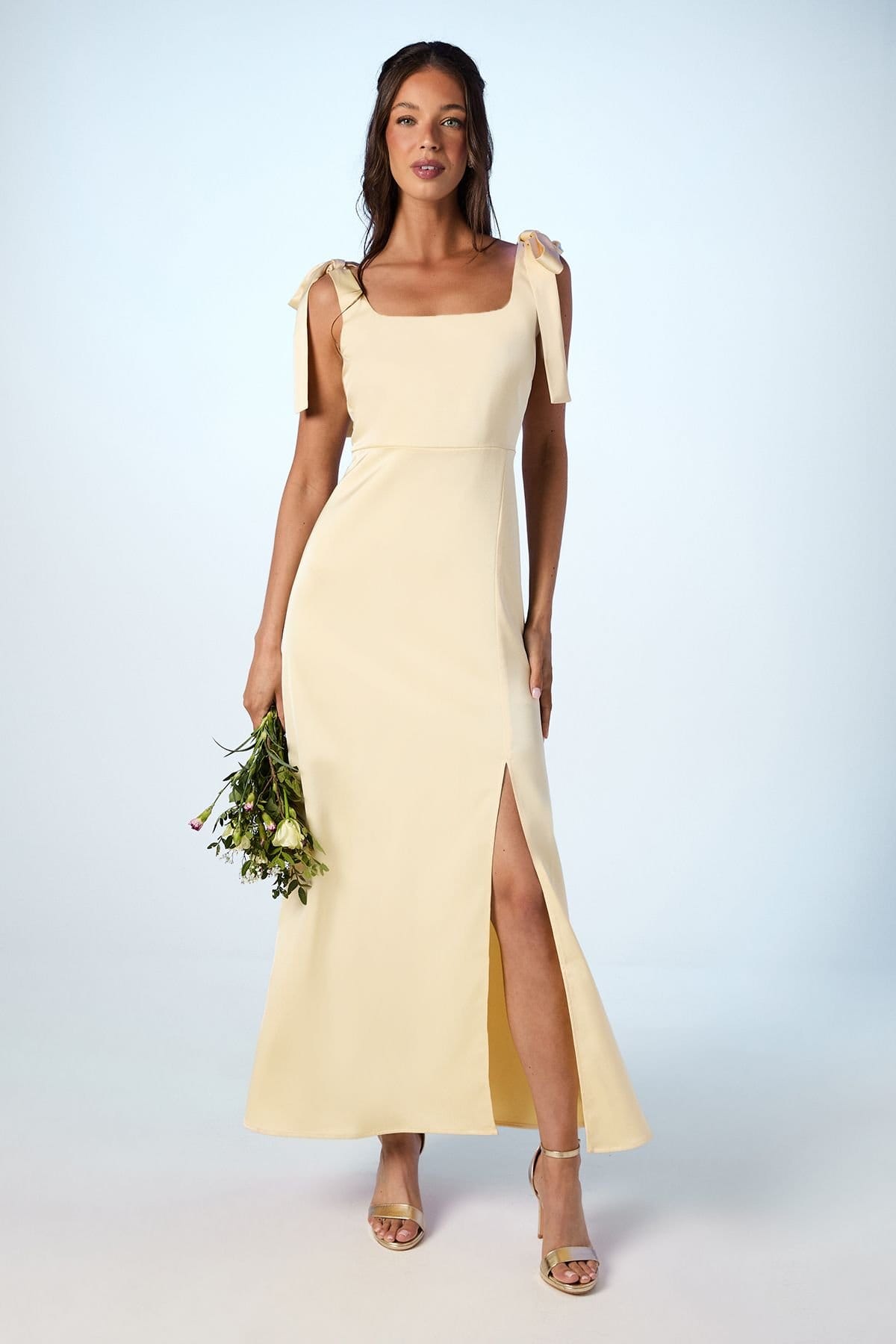 Oasis Butter Yellow Satin Tie Shoulder Midi Bridesmaid Dress