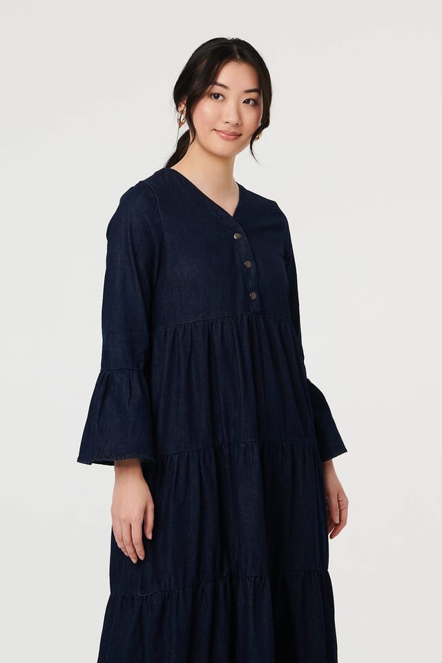 Izabel London Izabel London Women's Tiered Long Sleeve Relaxed Maxi Dress in Blue - 2
