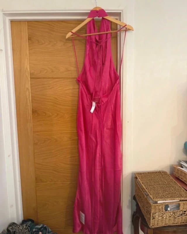 ASOS ASOS Design Pink Satin Halterneck Cowl Bow Back Slip Evening Maxi Dress