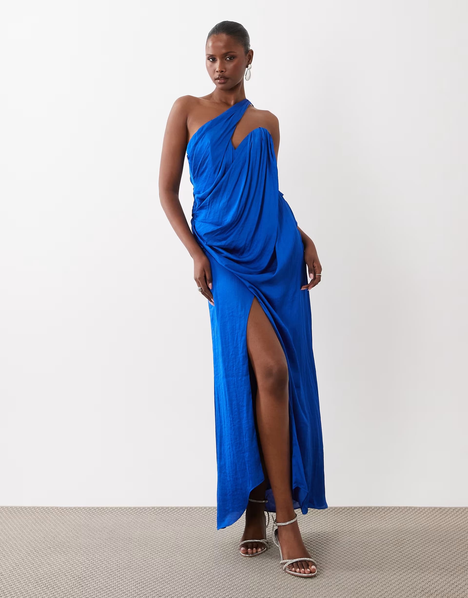 ASOS ASOS DESIGN draped one shoulder satin maxi dress in cobalt blue