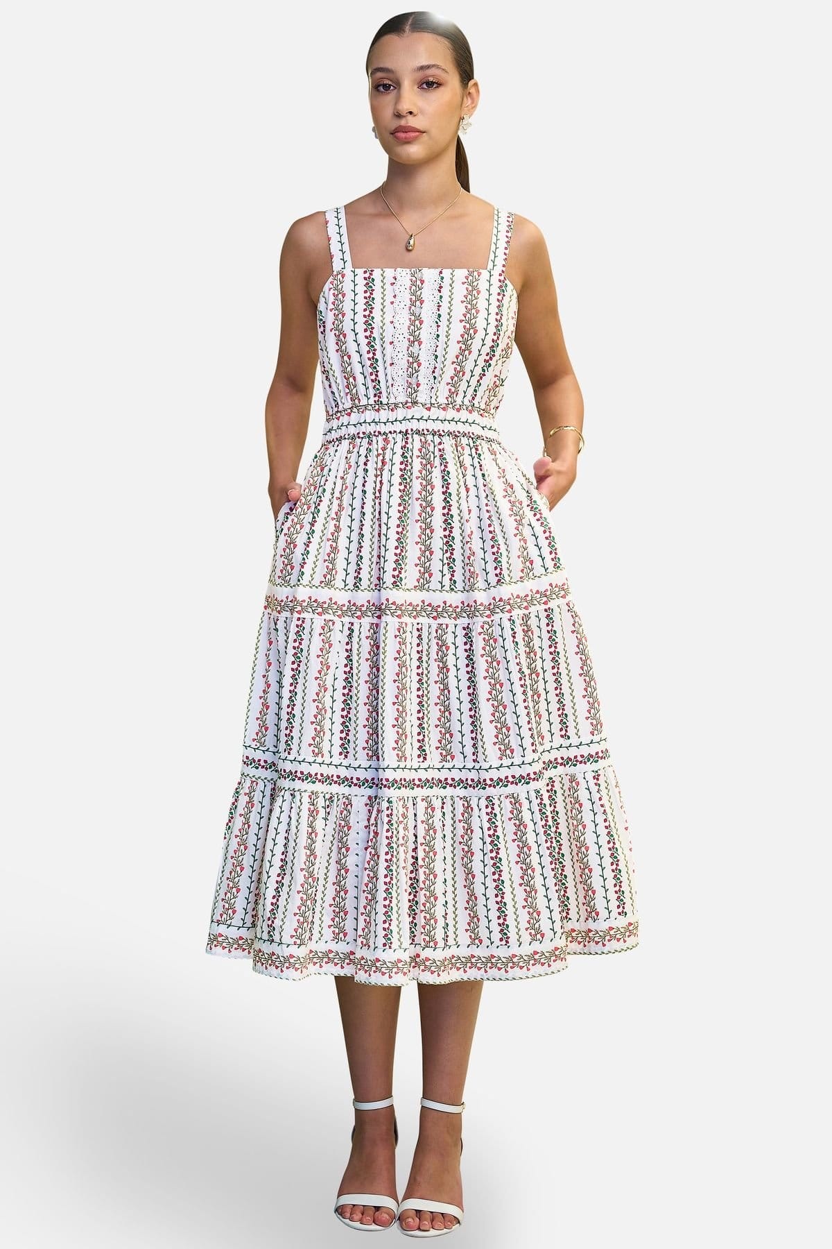 Yumi Women's White Botanical Stripe Midi Dress With Lace Trims