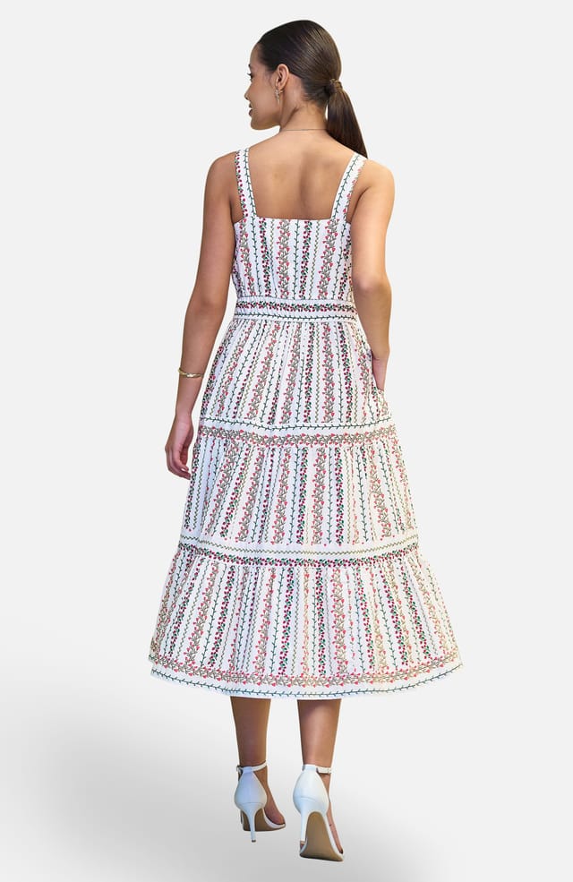 Yumi Yumi Women's White Botanical Stripe Midi Dress With Lace Trims - 2