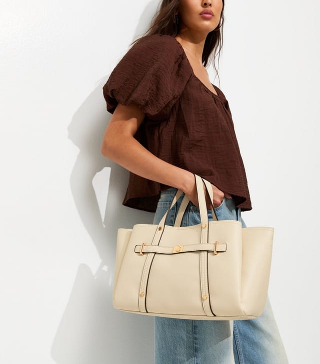 New Look Cream Faux Leather Triple Compartment Tote Bag Vegan New Look - 2