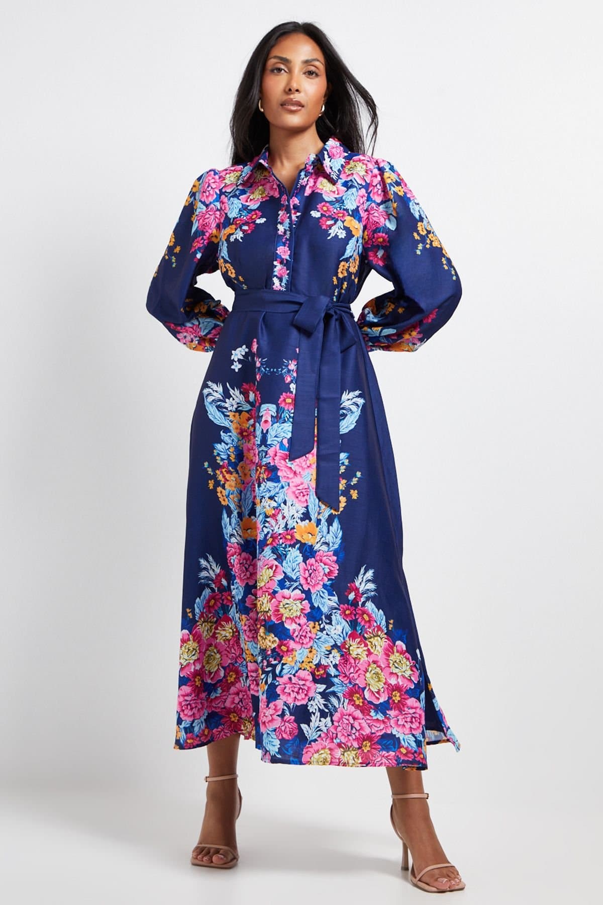 Wallis Wallis Women's Petite Floral Western Belted Midi Shirt Dress in Navy