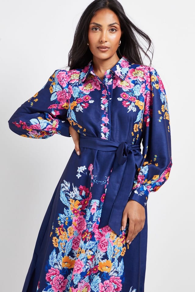 Wallis Wallis Women's Petite Floral Western Belted Midi Shirt Dress in Navy - 2