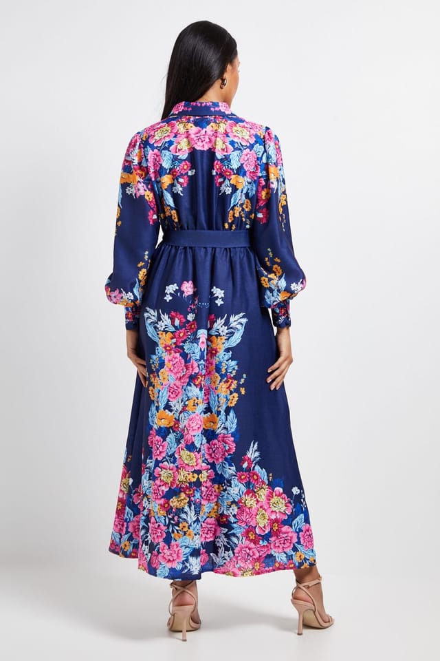 Wallis Wallis Women's Petite Floral Western Belted Midi Shirt Dress in Navy - 3