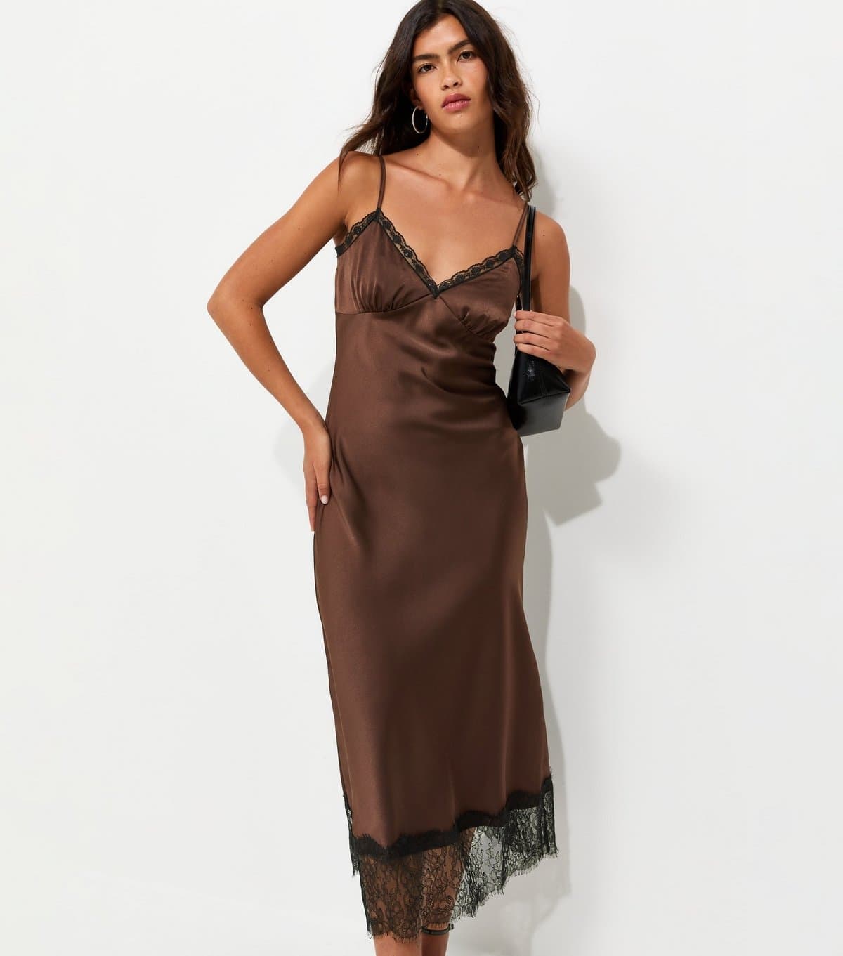New Look Women's Dark Brown Satin Lace Hem Strappy Midi Dress New Look
