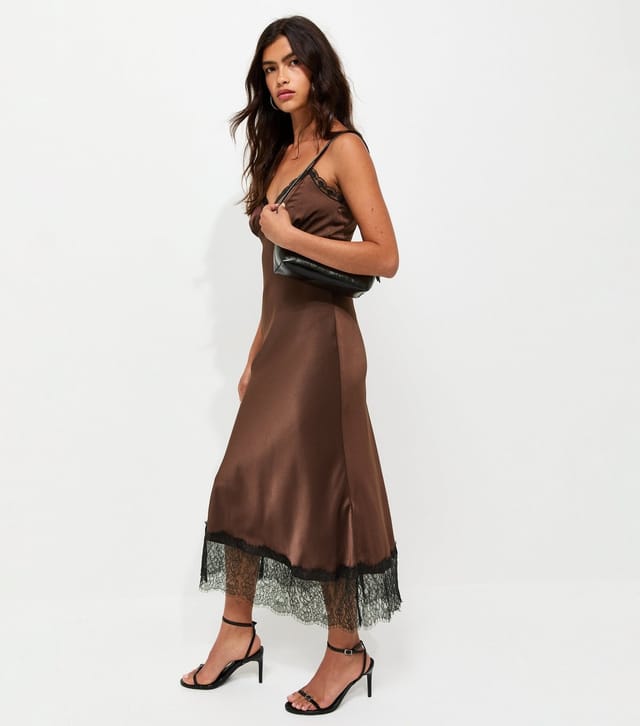 New Look Women's Dark Brown Satin Lace Hem Strappy Midi Dress New Look - 2