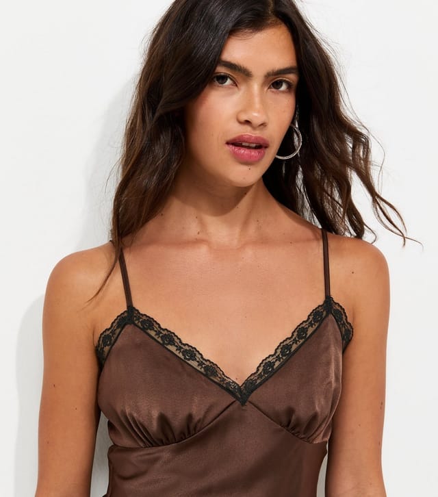New Look Women's Dark Brown Satin Lace Hem Strappy Midi Dress New Look - 3