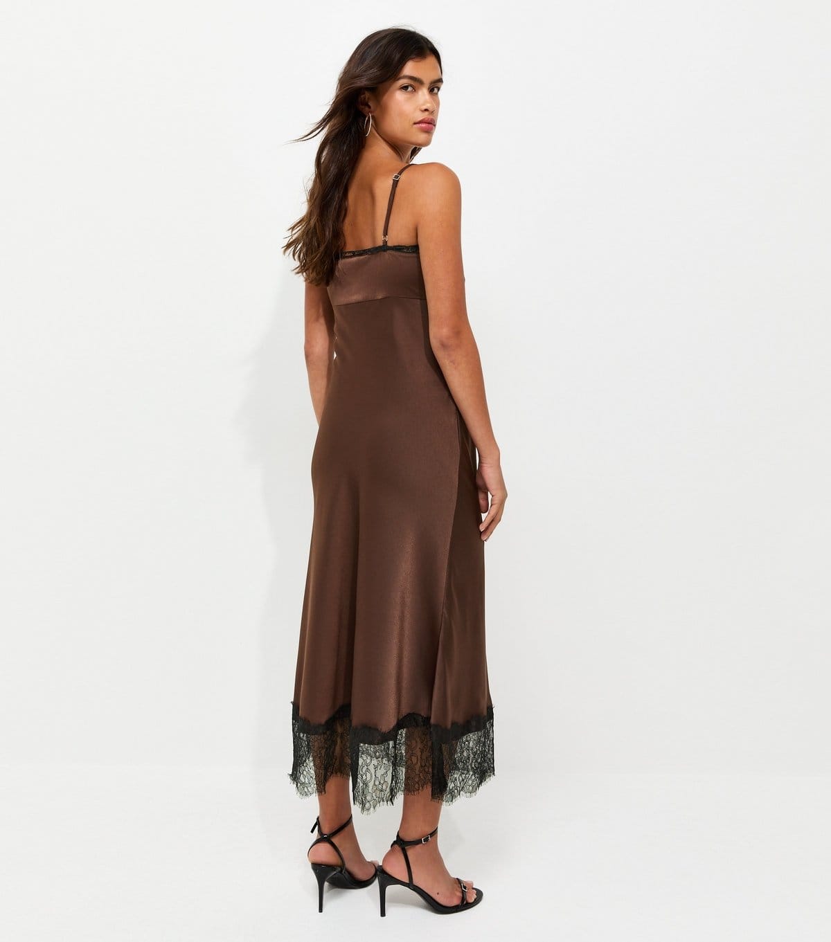 New Look Women's Dark Brown Satin Lace Hem Strappy Midi Dress New Look - 4