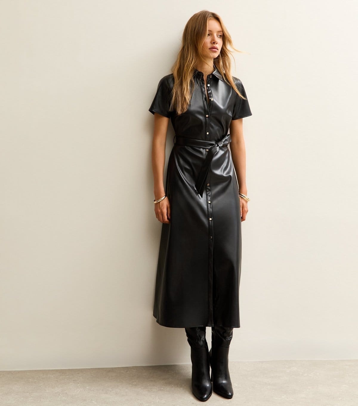 New Look Black Faux Leather Midi Shirt Dress