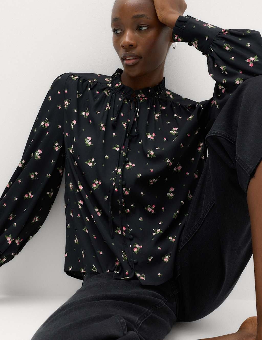 Marks & Spencer M&S Floral Tie Neck Button Through Blouse Black Mix - 1
