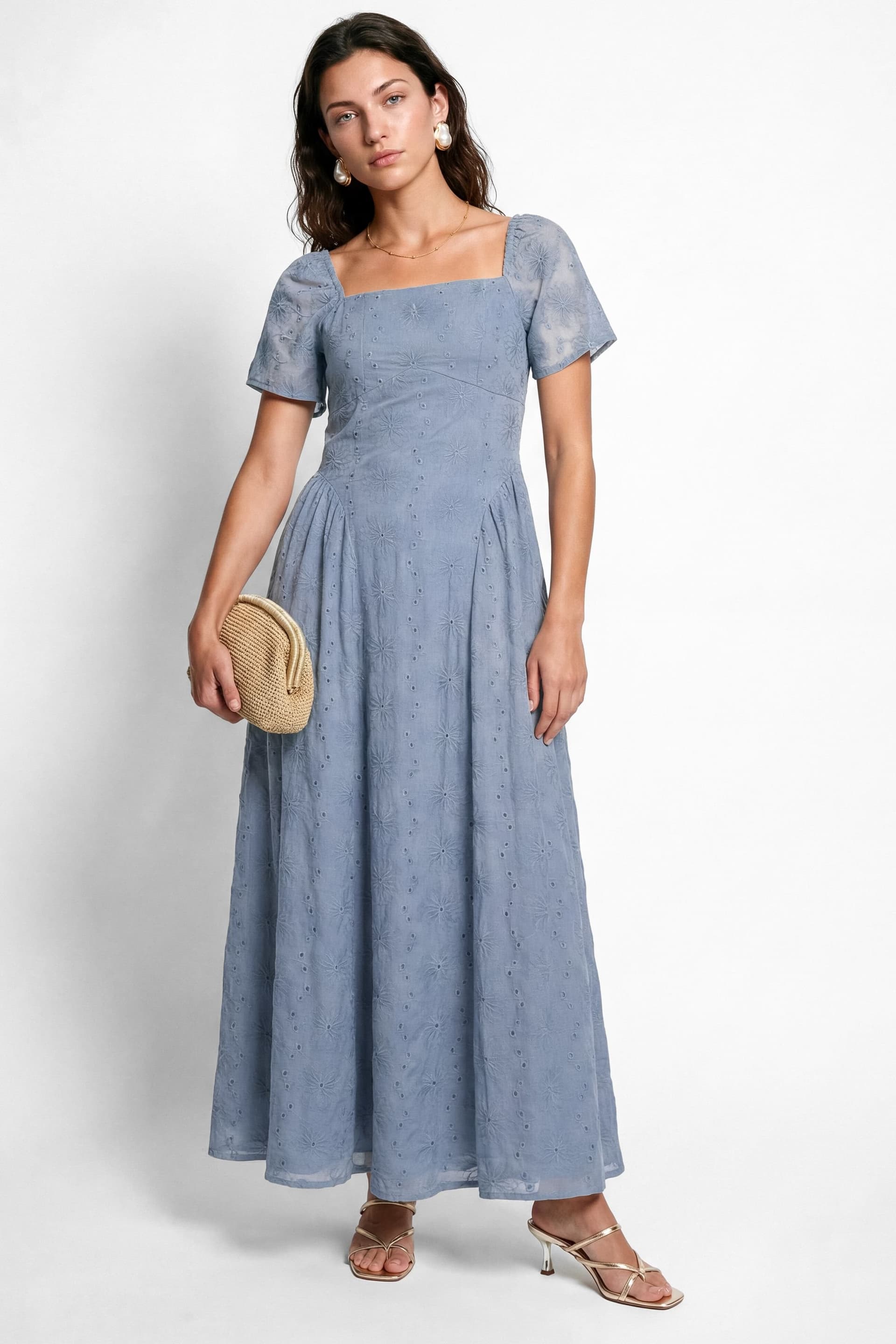 Lovedrobe Lovedrobe Women's Broderie Angel Sleeve Maxi Dress in Baby Blue