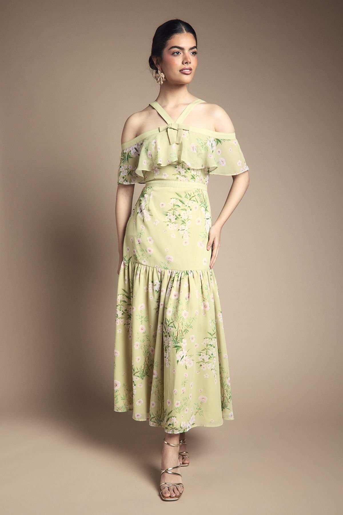 Oasis Oasis Women's Bow Detail Halter Neck Bardot Dress in Chartreuse