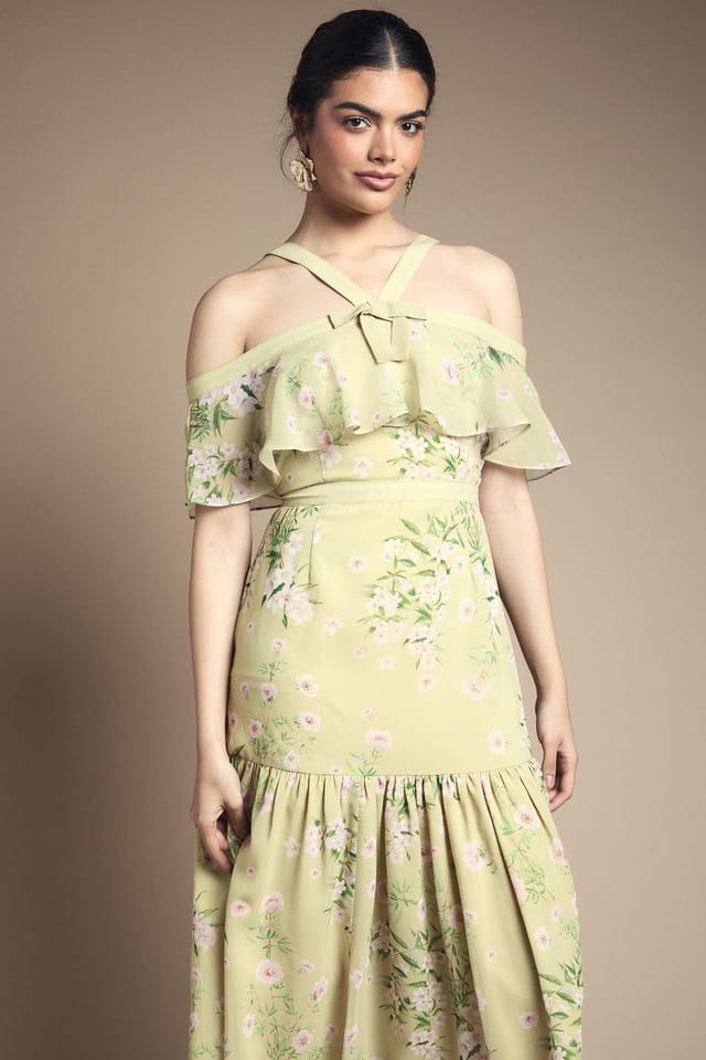 Oasis Oasis Women's Bow Detail Halter Neck Bardot Dress in Chartreuse - 2