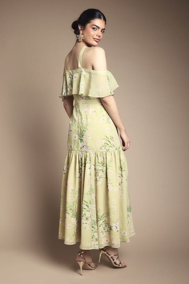 Oasis Oasis Women's Bow Detail Halter Neck Bardot Dress in Chartreuse - 3