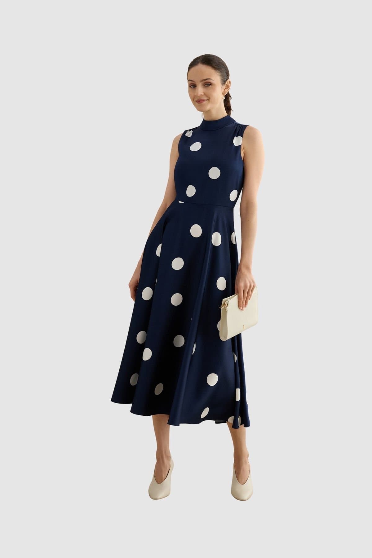 Hobbs London Hobbs London Women's Mia High Neck Polka Dot Midi Dress in Dark Navy