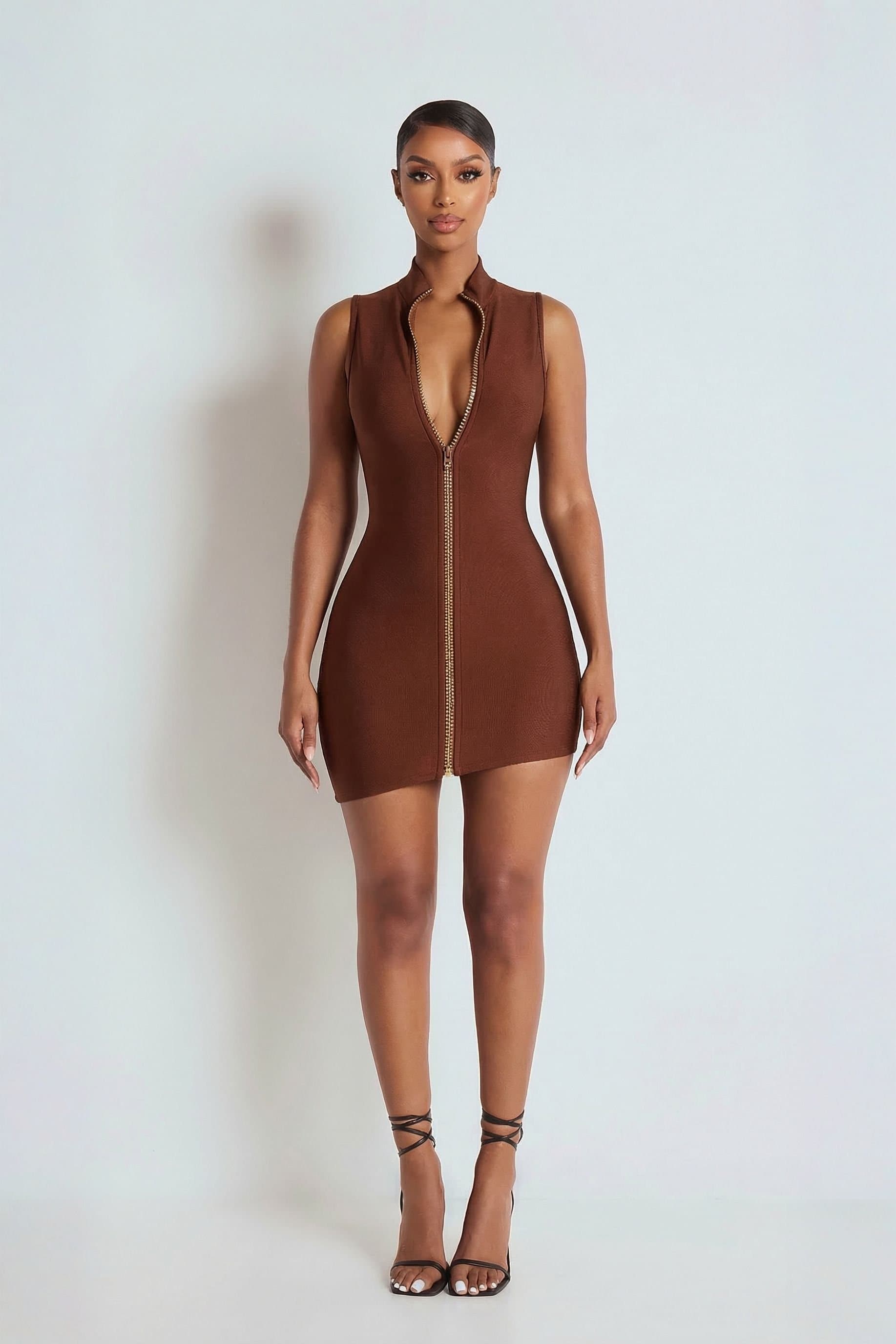 LEMONLUNAR LEMONLUNAR Women's The Serena Brown Diamante Zip Bandage Dress