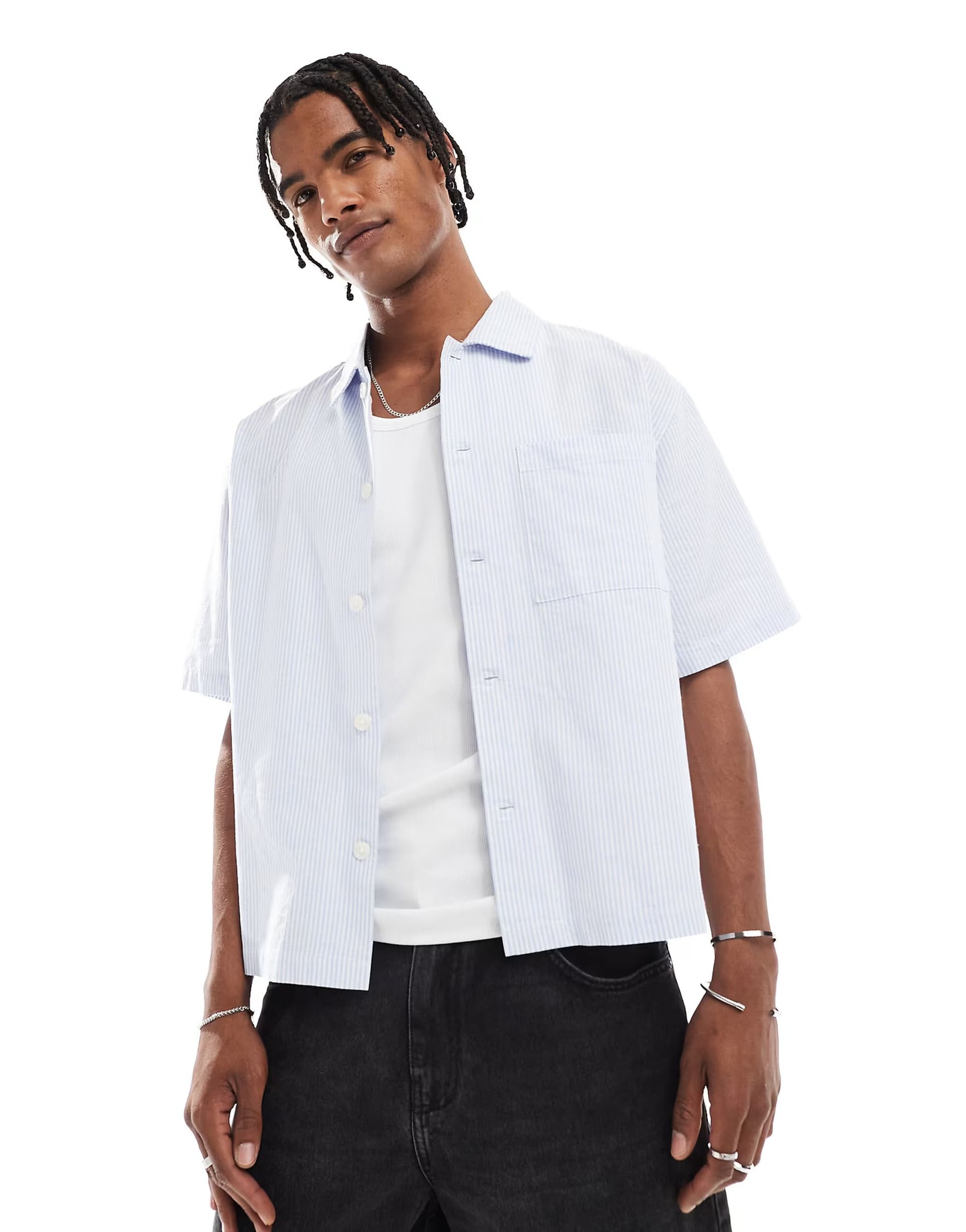 ASOS Cotton On short sleeve shirt in sky blue mini stripe