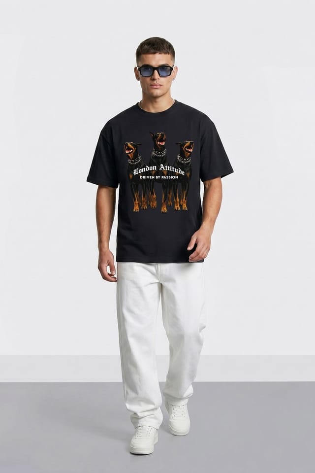 LONDON ATTITUDE LONDON ATTITUDE Men's Original Creators Doberman Oversized Heavyweight T-Shirt in Black - 3