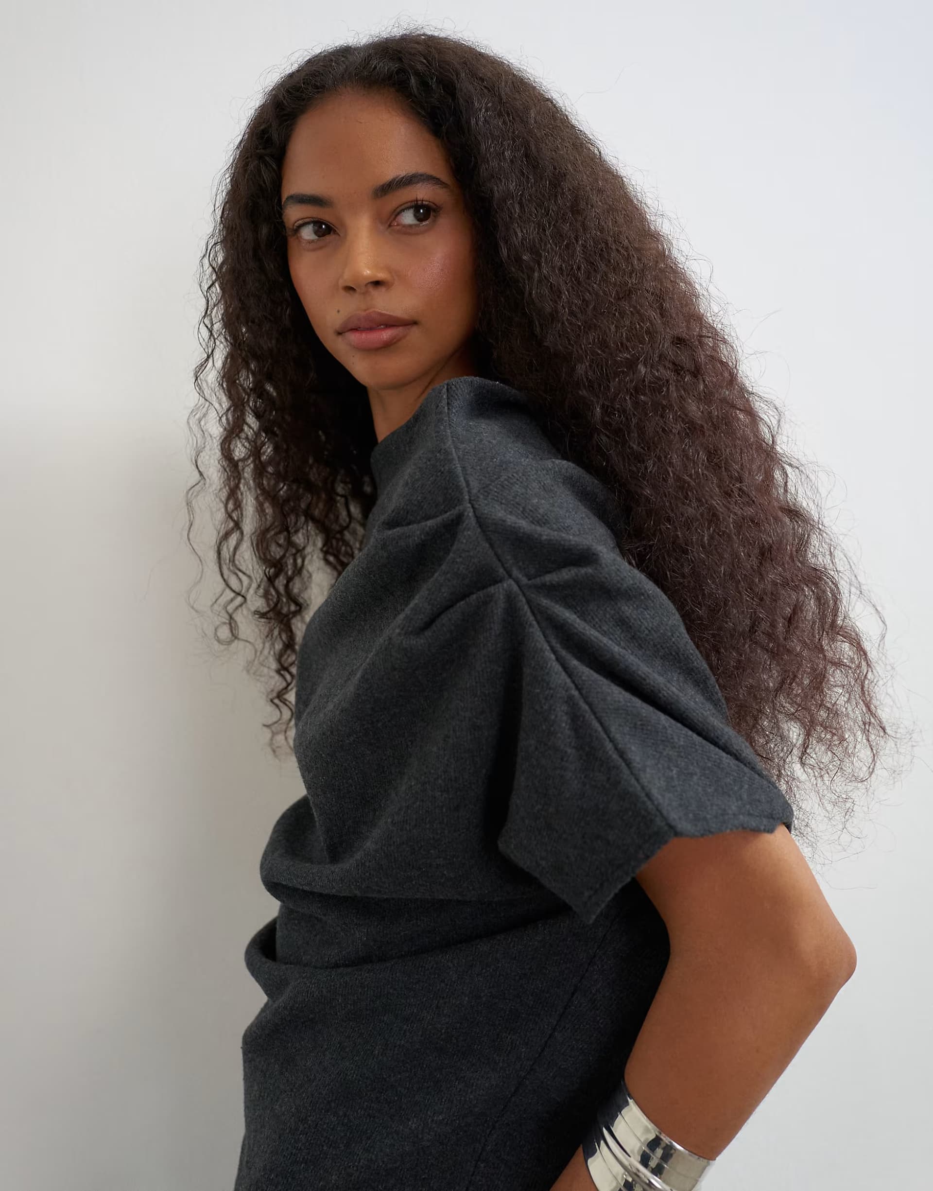 ASOS Topshop soft touch fallen shoulder top in charcoal
