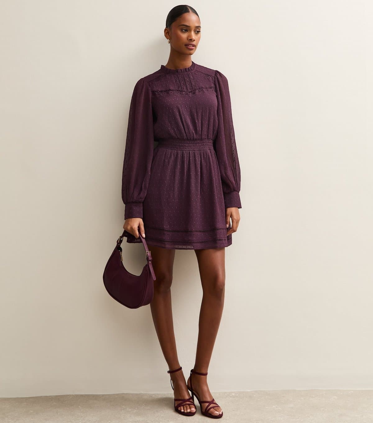 New Look Women's Dark Burgundy Dobby Long Sleeve Mini Dress New Look