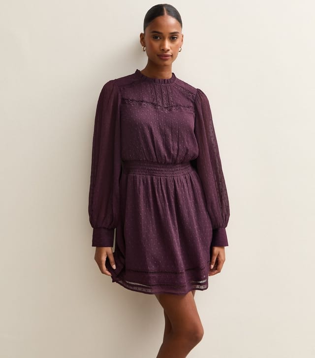 New Look Women's Dark Burgundy Dobby Long Sleeve Mini Dress New Look - 3