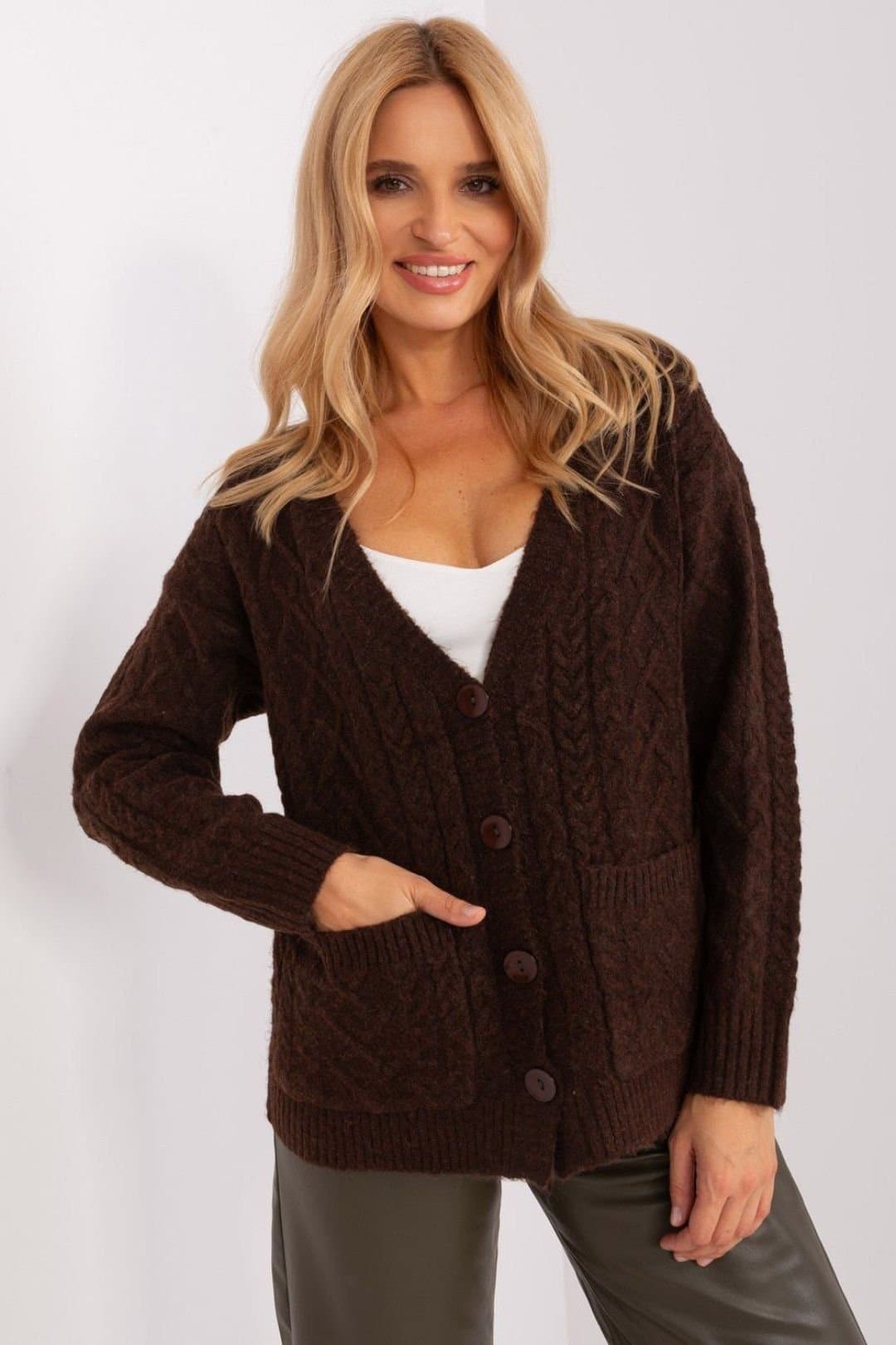 Love Lace Love Lace Women's V Neck Button Cardigan Sweater with Texture in Brown