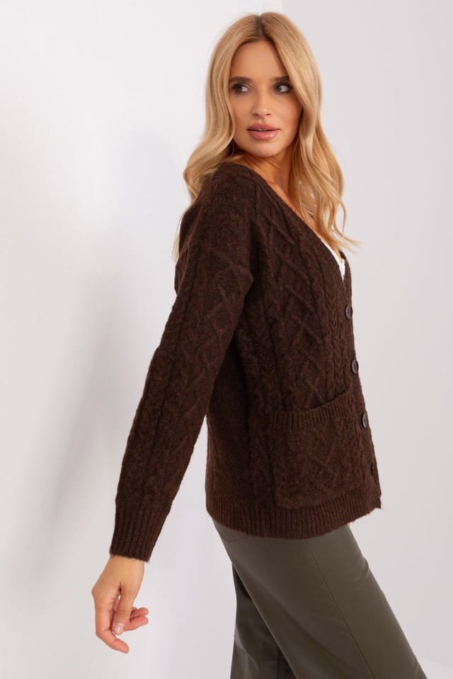 Love Lace Love Lace Women's V Neck Button Cardigan Sweater with Texture in Brown - 2