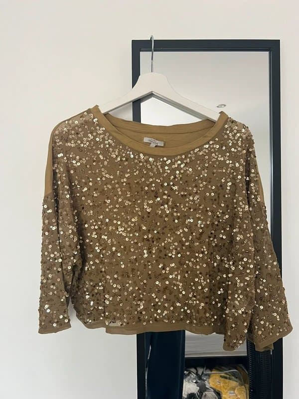 Zara Zara khaki gold 3/4 sleeve sequin beaded jewel embellished top