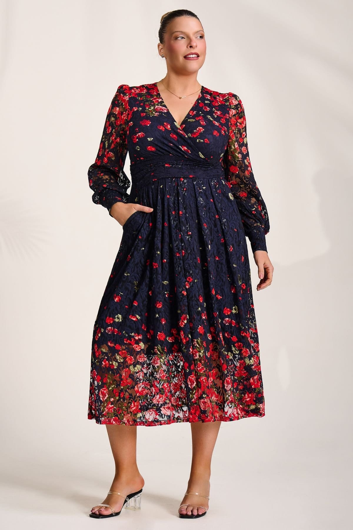 Jolie Moi Jolie Moi Women's Long Sleeve Printed Lace Maxi Dress in Red - 1