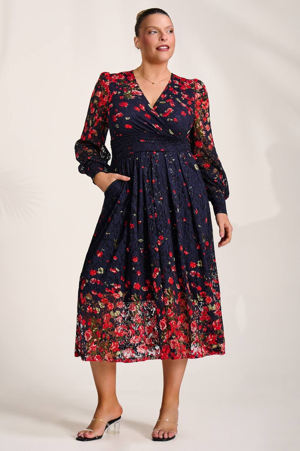 Jolie Moi Jolie Moi Women's Long Sleeve Printed Lace Maxi Dress in Red - 2