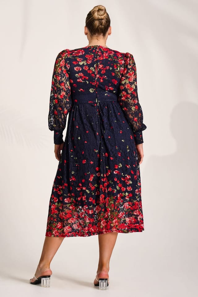 Jolie Moi Jolie Moi Women's Long Sleeve Printed Lace Maxi Dress in Red - 2