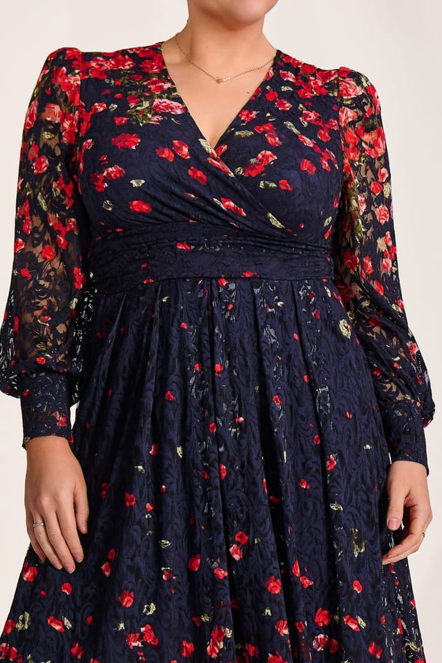 Jolie Moi Jolie Moi Women's Long Sleeve Printed Lace Maxi Dress in Red - 3