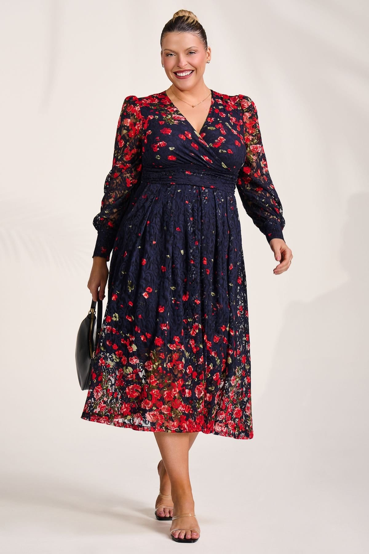 Jolie Moi Jolie Moi Women's Long Sleeve Printed Lace Maxi Dress in Red - 4