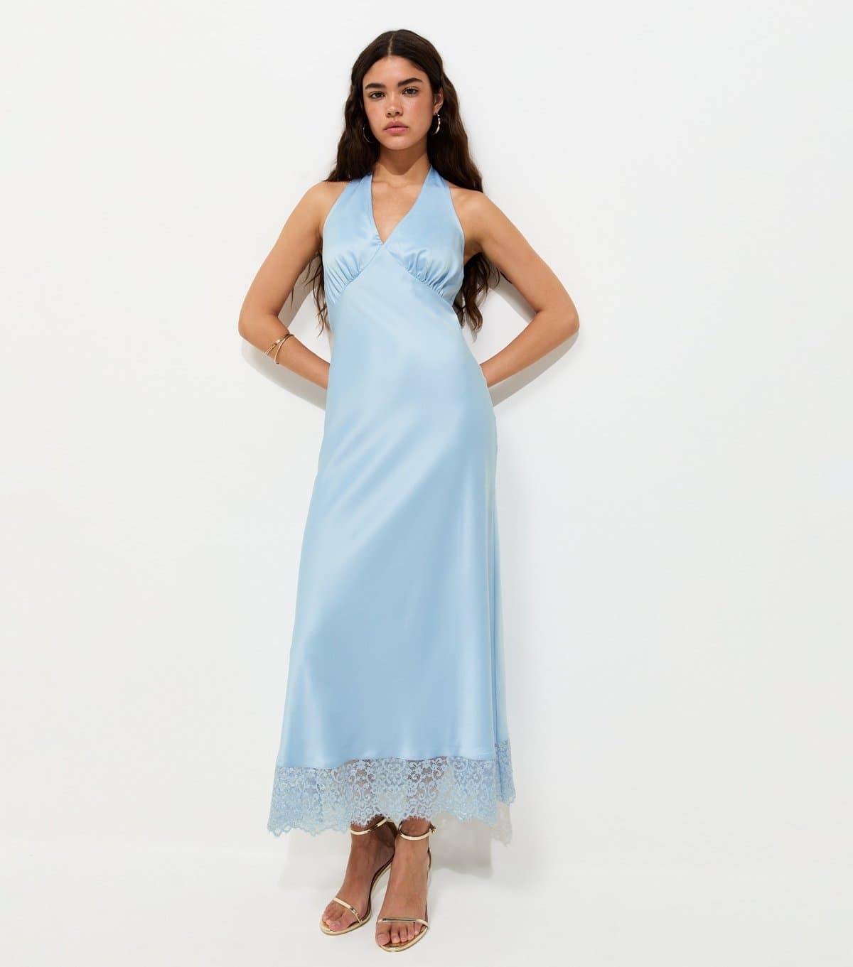 New Look Women's Light Blue Satin Lace Trim Halteneck Midi Dress New Look