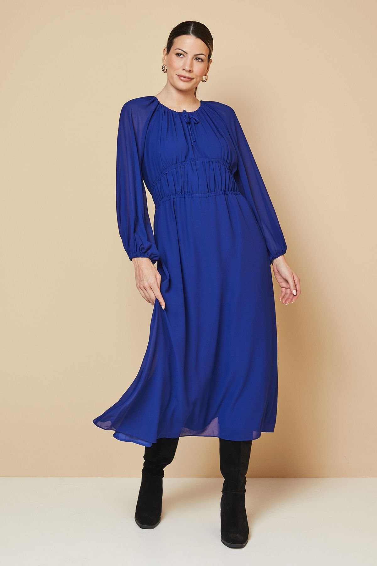 Wallis Wallis Women's Woven Tie Front Waist Detail Midi Dress in Cobalt