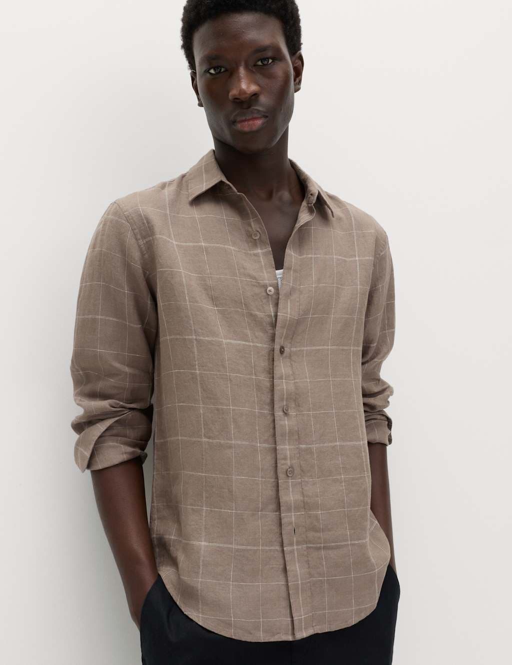 Marks & Spencer M&S Pure Linen Check Shirt Mole Mix