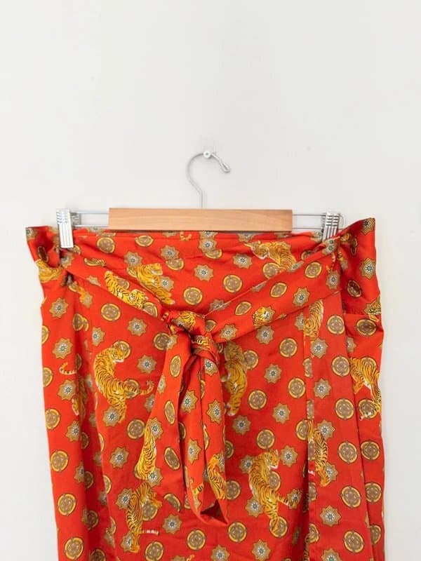 Never Fully Dressed Never Fully Dressed Skirt Medium Orange Satin Wrap Tie Leopard Midi