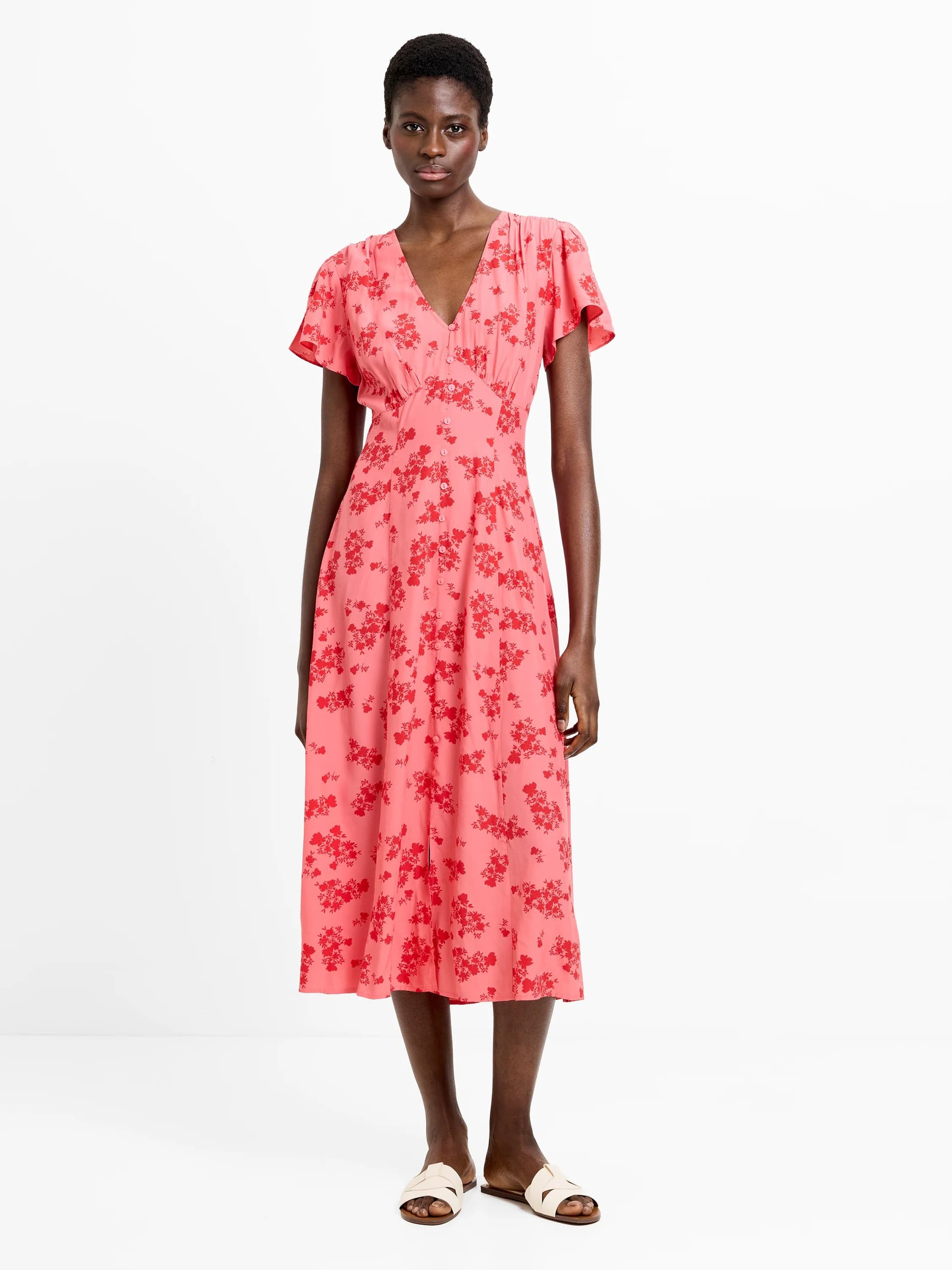 French Connection Raquel Eco Flutter Sleeve V-Neck Midi Dress Raspberry Pink/red