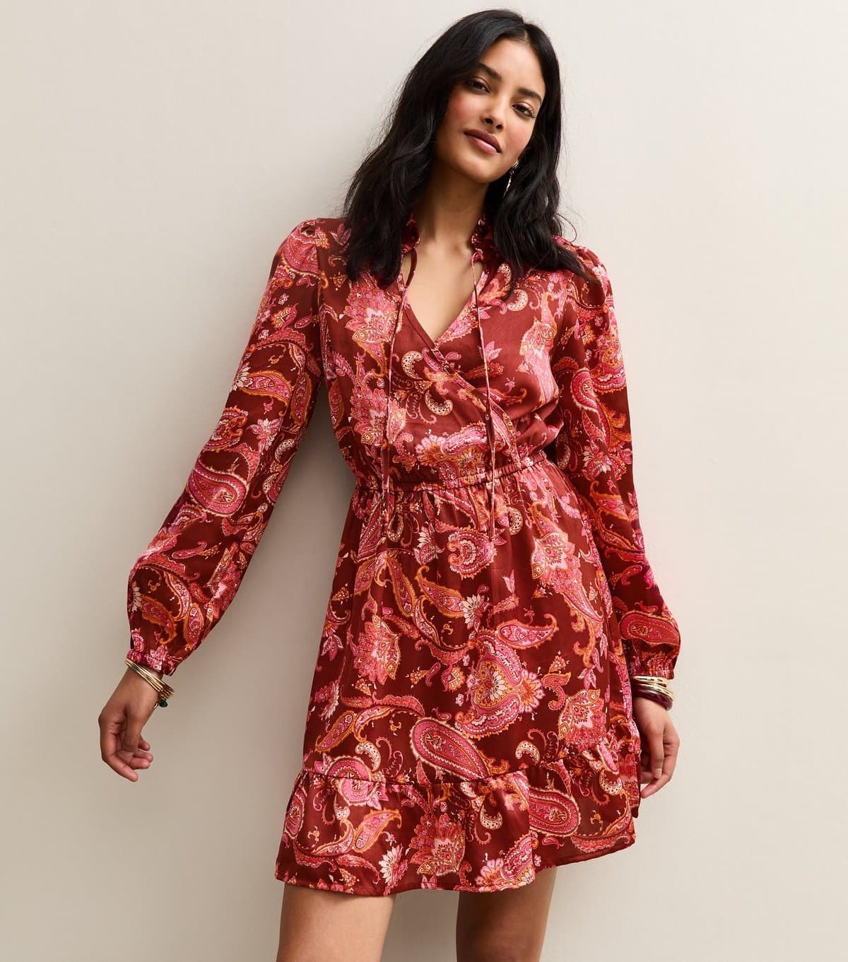 New Look Women's Red Paisley Long Sleeve Mini Dress New Look