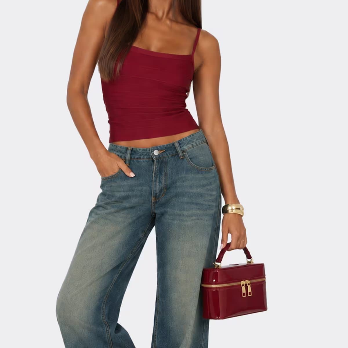 EGO Yasa Zip Detail Vanity Style Bag In Burgundy Patent, Women's Size UK 0