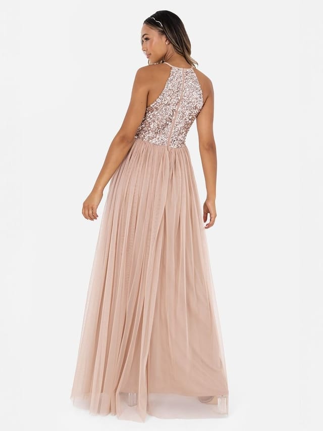 Maya Deluxe Maya Deluxe Women's Embellished Halter Neck Maxi Dress in Taupe - 2
