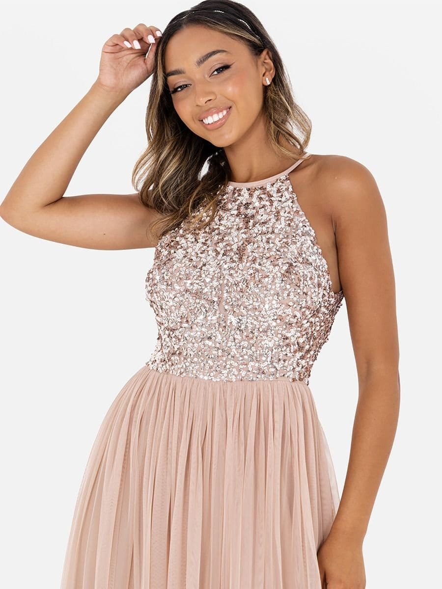 Maya Deluxe Maya Deluxe Women's Embellished Halter Neck Maxi Dress in Taupe - 4
