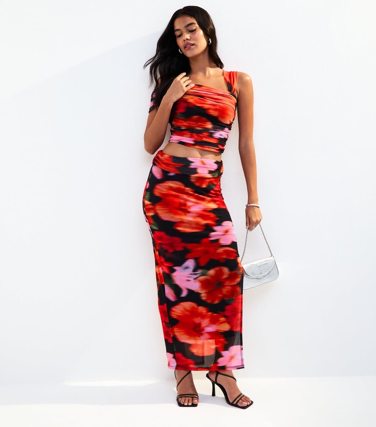 New Look Women's Black Blurred Hibiscus Print Mesh Midi Skirt New Look