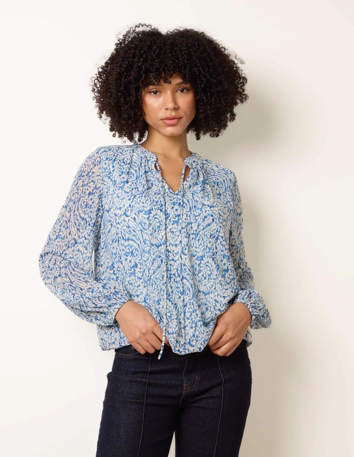 Blue Vanilla Grandad Tie Neck Puff Hem Watercolour Blouse