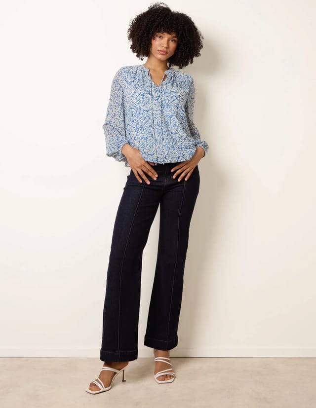 Blue Vanilla Grandad Tie Neck Puff Hem Watercolour Blouse - 2