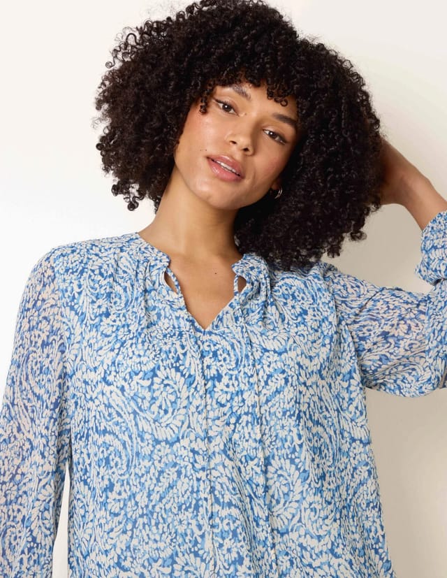 Blue Vanilla Grandad Tie Neck Puff Hem Watercolour Blouse - 3